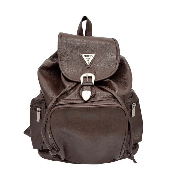 Vintage 90s Guess Pebbled Faux Leather Backpack Chocolate Brown Korean Era main image 13
